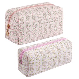 JOVAKIT 2Pcs Makeup Bag Quilted Cosmetic Bag for Women Girls, Floral Coquette Cotton Toiletry Zipper Make Up Pouch, Travel Storage Organizer Pouch (Pink Floral)