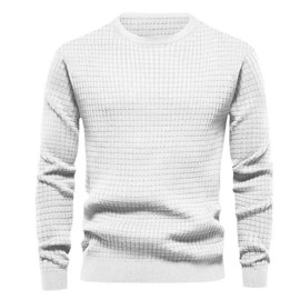 MakingDa Mens Crew Neck Jumper Waffle Pullover Long Sleeve Sweatshirts Solid Ribbed Cuff Regular Fit Sweater Vintage Soft Classic Lightweight Work Casual Jumpers White M
