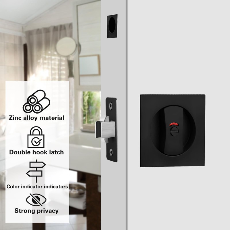 KIDOACOW Black Pocket Door Lock with Edge Pull, Red-Green Indication