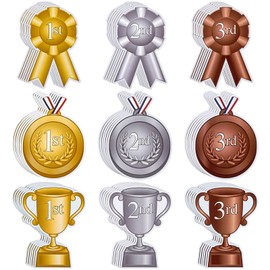 AmazingSpark 54 Pcs Assorted Award Ribbon Cutouts Gold Silver Bronze Medals Classic Trophy Rosette Accents 1st 2nd 3rd Place Recognition Achievement Award Cutouts for Classroom School Diploma