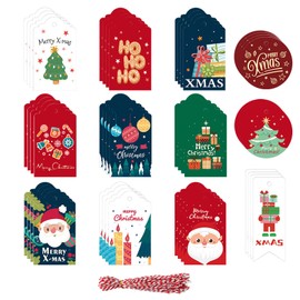 48 Pieces Christmas Tags 12 Styles Kraft Paper Gift Tags Small Xmas Present Labels Hanging Tags Christmas Craft Tags with 50 Hanging Rope for Christmas Party Decoration DIY Present