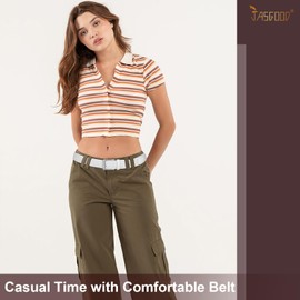 JASGOOD Women Braided Woven Elastic Stretch Belt Men White Web Casual Belt for Pants Jeans(White,Silver Buckle,Fit Pant Size 26-31inch)