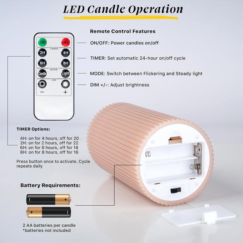 West Ivory Fluted Ribbed LED Pillar Candles, Blush Beige, with