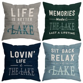 HUYAW Vintage Life is Better at The Lake Memories Made at The Lake Last A Life Time Throw Pillow Covers, Lake House Gifts, Lake Pillow Cases 18 x 18 Inch Home Lake House Sofa Decor Set of 4