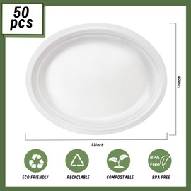 VEIZEDD 50 PCS White Plates | Compostable Oval Paper Plates 12 Inch | Heavy Duty Disposable Plates Eco Friendly Large Platters Bagasse Plates for BBQ, Picnic, Parties, Home,Thankgiving Christmas