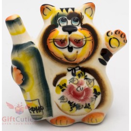 Cat bottle of Kefir cartoon Collectible Gzhel style Colorful Porcelain Figurine