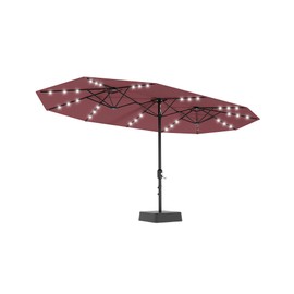 15FT Large Patio Umbrella with Solar Lights, 36 LED Lights Outdoor Double-Sided Rectangle Market Umbrella with Cross Base and Sandbag, Outside Umbrellas for Deck Pool Lawn Backyard (Wine Red)