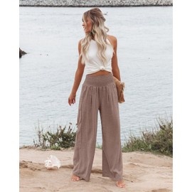 Angerella Women Palazzo Pants with Pockets Summer Boho Wide Leg High Elastic Waist Casual Lounge Pant Trousers GrayPink L