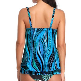 Yonique Womens Blouson Tankini Top No Bottom Loose Fit Swim Top Modest Tank Top Blue Wavy Pattern L
