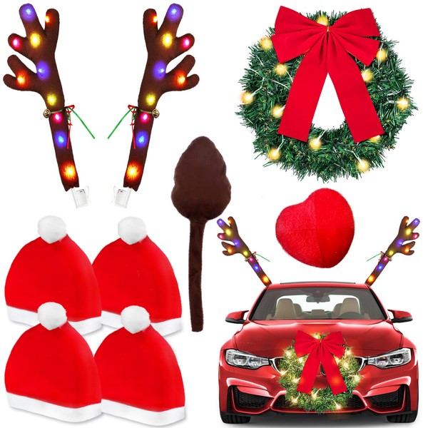 Yixin Christmas Reindeer Antlers Car Kit with LED Lights, Car Santa Hat Kit Nose Tail Top Bell Christmas Wreath with LED Light Bow Christmas Decorations Car Exterior Car SUV (Red-9pcs)