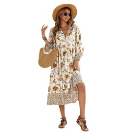 R.Vivimos Women's Long Sleeve Floral Print Retro V Neck Tassel Bohemian Midi Dresses (Large, White)