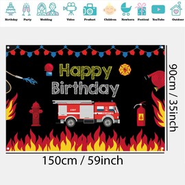 Firetruck Themed Birthday Backdrop Fireman Fire Truck Firefighter Background for Boy Kids Fire Engine Theme Birthday Background for Boys Children Birthday Party Decorations Banner