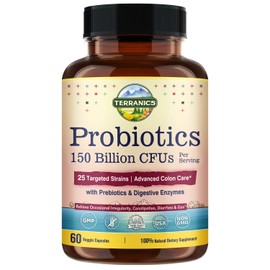 Terranics Daily Probiotics for Men & Women, 150 Billion 25 Strains Colon Care Probiotics, with Prebiotics & Enzymes, Healthy Regularity, Delayed Release, Shelf Stable, 60 Veggie Caps