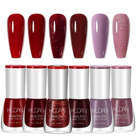 DMQ Red Nail Polish Set, 6Pcs Burgundy Purple Glitter Nail Varnish, Quick Dry & Long Lasting Red Purple Nail Gel - Non-Toxic Water Based Shimmer Nail Polish Gel for DIY Nail Art at Home - Red Purple