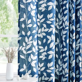 Treatmentex White and Blue Curtains for Bedroom 84" Length Semi-Sheer Print Leaf Curtains for Living Room Windows, Deep Blue Grommet Top, 2 Pack