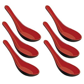 Happy Sales Melamine Soba, Rice Spoons, Chinese Won Ton Soup Spoon, Asian Red and Black, 6 Pack Plain Style