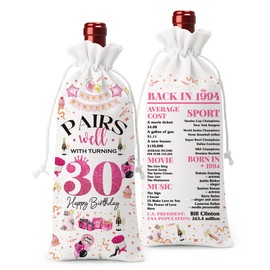 Sldpngo 30th Birthday Gifts for Her Women Men Wine Bag, 30 Year Old Birthday Gifts for Women Men, Happy 30th Birthday Party Decorations for Her Him, Pairs Well with Turning 30 Wine Bags (White Pink)