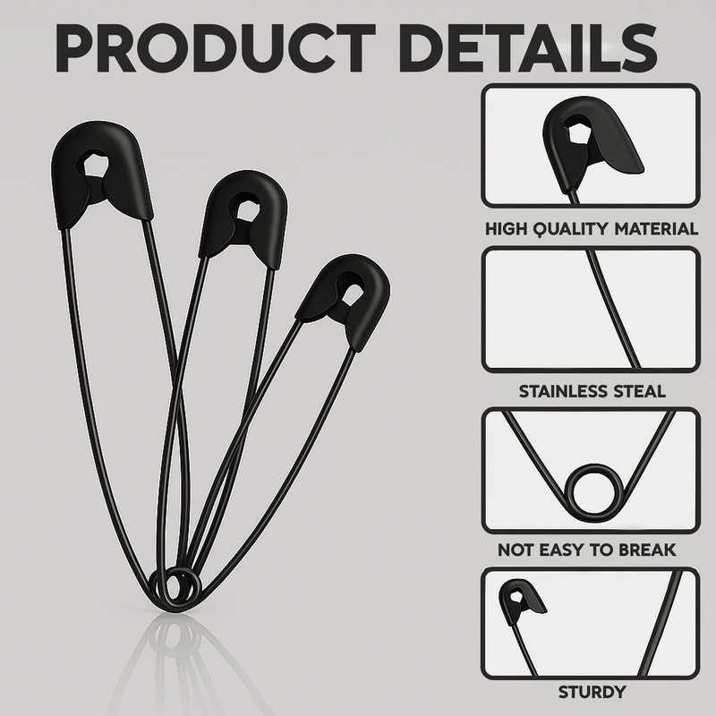120 Mini Black Safety Pins (19mm) – Strong Alloy Steel