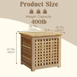 Gashell Bench with Storage, Acacia Laundry Hamper with Seat, Storage Benches with Seating for Entryway, Living Room, Bedroom, Bathroom (15.7x19.7x17.7in)