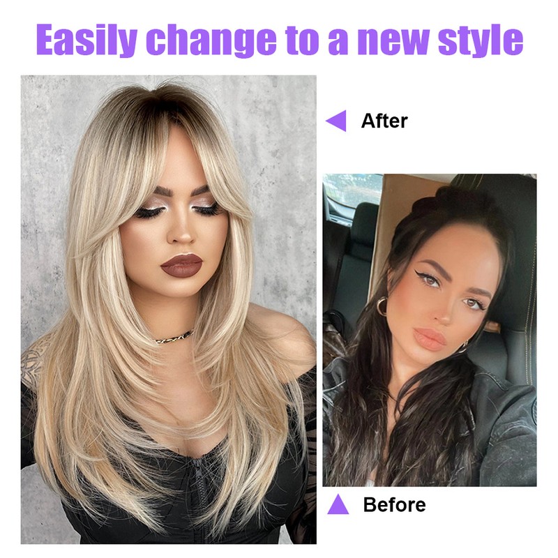 Long Wig Human Hair with Bangs and Wig Cap Glueless
