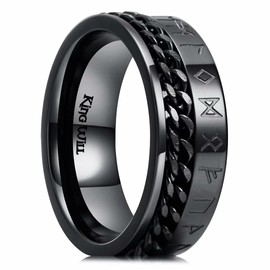 King Will 8mm Black Spinner Ring Cuban Chain Viking Runes Ring Stainless Steel Rotatable Wedding Ring 13