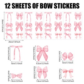 12 Sheets Pink Bow Wall Stickers, Watercolor Coquette Bow Knot Wall Decals for Valentine's Day Girls Bedroom Baby Nursery, 7.9 x 11.8 Inch