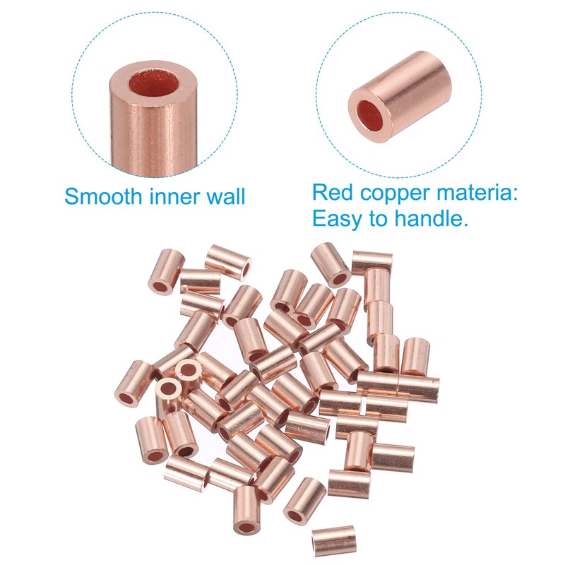 PATIKIL 1/16"/ 1.5mm Wire Rope Stop Sleeve, 50 Pack Copper