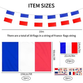 French Flag Set - 10m French String Flags 1 France Large Flag 10 France Hand Waved Flags 2 Tattoo Stickers Patriotic Event Holiday Decorations Parade Supplies For Patriotic Themed Parties
