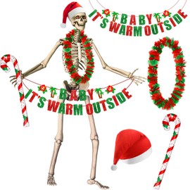 Jamntower 12 ft Giant Sized Skeleton Summer Christmas Costume Set Santa Hat Christmas Leis Banner and Inflatable Christmas Candy Cane for Tropical Christmas in July Party Decorations Garden Lawn Props