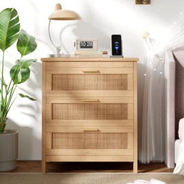 Keehusux Rattan Nightstand with Charging Station, Bedside Table with 3 Drawers, Boho Night Stand with Metal Handles, Accent End Table for Bedroom, Guest Room, Natural