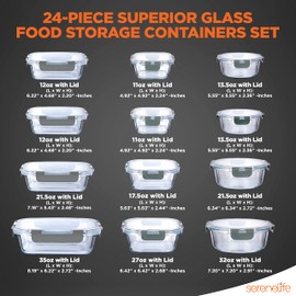 SereneLife 24-Piece Glass Food Storage Containers Set – 12 Multi-Sized Containers from 11 Oz to 35 Oz Capacity, Leak-Proof with Hinged Locking Lids, Freezer to Oven Safe, Stain & Odor Resistant (Gray)