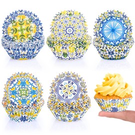 Funrous 200 Count Blue Tile Lemon Cupcake Paper Liners Summer Lemon Baking Cups Mediterranean Tiles Muffin Liners Cupcake Wrappers Disposable for Baby Shower Wedding Birthday Party Decorations