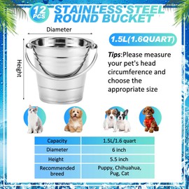 Hicarer 12 Pcs Stainless Steel Pet Bucket 1.5 Quart Heavy Duty Stainless Steel Pails Small Metal Bucket with Handles for PET Cat Puppy Food and Water Storage Milking Goats Small Animals