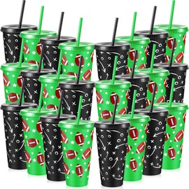 Chuangdi 24 Pcs 24oz Football Plastic Cups with Lid and Straw Football Party Favors Plastic Football Tumblers Reusable Football Drinking Cups for Football Themed Birthday Sport Party Decoration