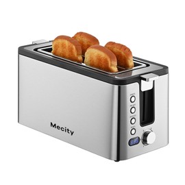 Mecity 4 Slice Toaster, Long Slot Toaster With Countdown Timer, Bagel/Defrost/Reheat/Cancel Functions,Warming Rack, Removable Tray, 6 Browning Settings, Extra Wide Slots, Stainless Steel, 1300W