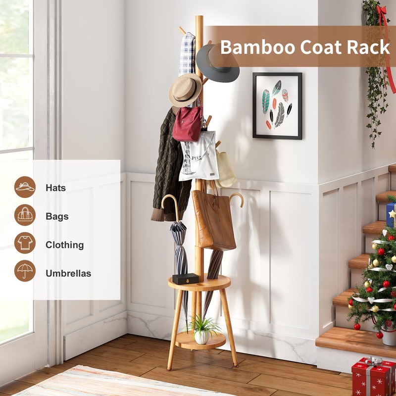 FILWH Freestanding Coat Rack with Umbrella Organizer Tray Bamboo Coat