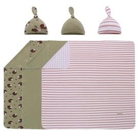 Baby Newborn Swaddle and Hat Set 3 Pack 100% Cotton Knitted Muslin Baby Blankets 35" x 35" Baby Receiving Blankets Stroller Soft Unisex Newborn Swaddle Wrap for Girls and Boys (Green+Hedgehog+Strip)