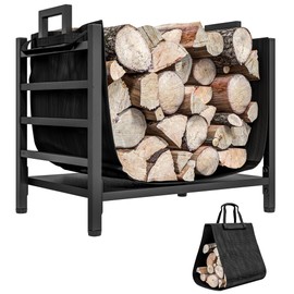 Outsunny 19 Inch Firewood Rack Outdoor Indoor Firewood Holder with Removable Log Carrier, Heavy Duty Log Rack with Handles, Wood Storage Holder for Fireplace, Black