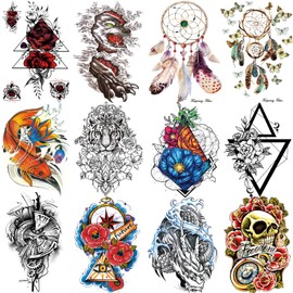 12 Sheets Temporary Tattoos for Men Women, Half Arm Waterproof Temp Tattoo Stickers, Multi-Colored Mixed Style Body Art Fish Dragon Birthday Party Decoration Supplies Gifts for Adults