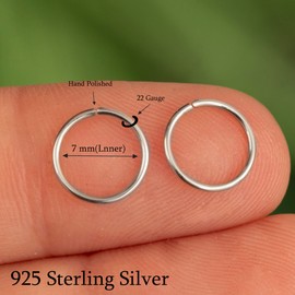 Nose Ring Hoop Piercing Silver Small Hoop Earrings for Cartilage Nose Ring,Tiny Thin 7mm Piercing Hoop Ring 22 Gauge (Silver, 7mm 22 gauge / 1 pair)