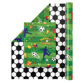 WERNNSAI Soccer Wrapping Paper Roll - 1 Roll 17”x 33 ft Happy Birthday Wrapping Paper Roll Reversible Sports Soccer Print Gift Wrap Paper Boys Wrapping Paper Polka Dot Design Bday Party Favor
