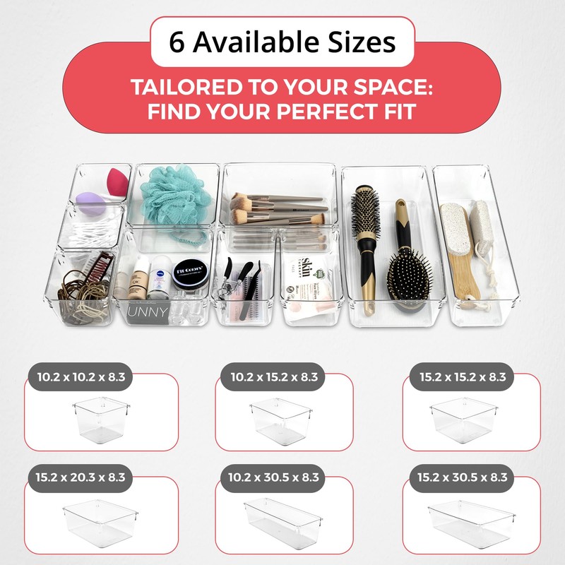 Amtido Drawer Organiser Tray Set - Clear Plastic Containers for