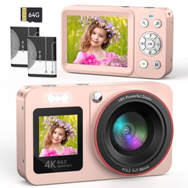 Digital Camera 4K 64MP FHD Photo Camera for Children Camera 18X Digital Zoom Photo Camera Compact Camera with 2 Screens 64GB SD Card for Children Teenagers Beginners Pink