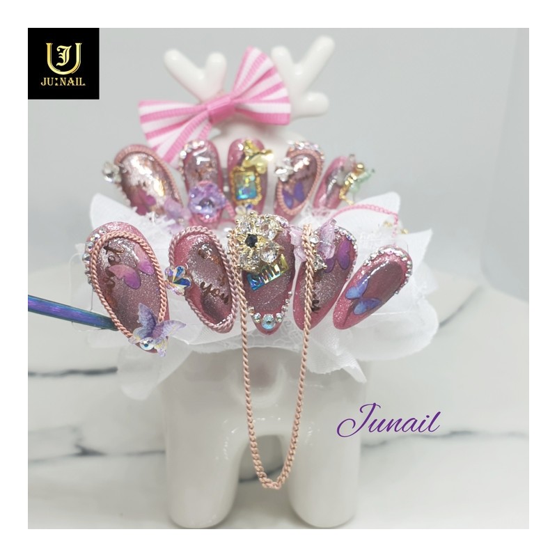 Flower and Butterfly Handmade Nail Tips - Short Straight Coffin