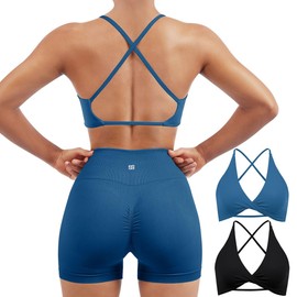 SUUKSESS Women 2 Piece Open Back Strappy Sports Bra Pack Twist Front V Neck Padded Workout Crops (#2 Blue & Black, L)