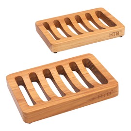 HTB Slotted Bar Soap Dish Teak Wood 2 Pieces Kitchen Wooden Sponge Holder Self-Draining Soap Dish for Shower, Sink, Bathroom, Bathtub, RV