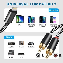 [MFi Certified] Lighting to RCA Cable Audio Aux Adapter, 2-Male Stereo Y Splitter Aux Cord Compatible with i-Phone 14 13 12 11 Pro XS XR X 8 7 for Amplifier,Car,Home Theater, Speaker and More (10FT)