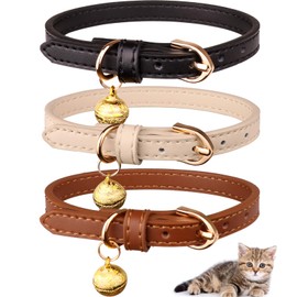 Jamktepat 3 Pack Leather Cat Collars with Bells Soft Pet Safety Collar Kitten Collars with Bell Black Chocolate Beige