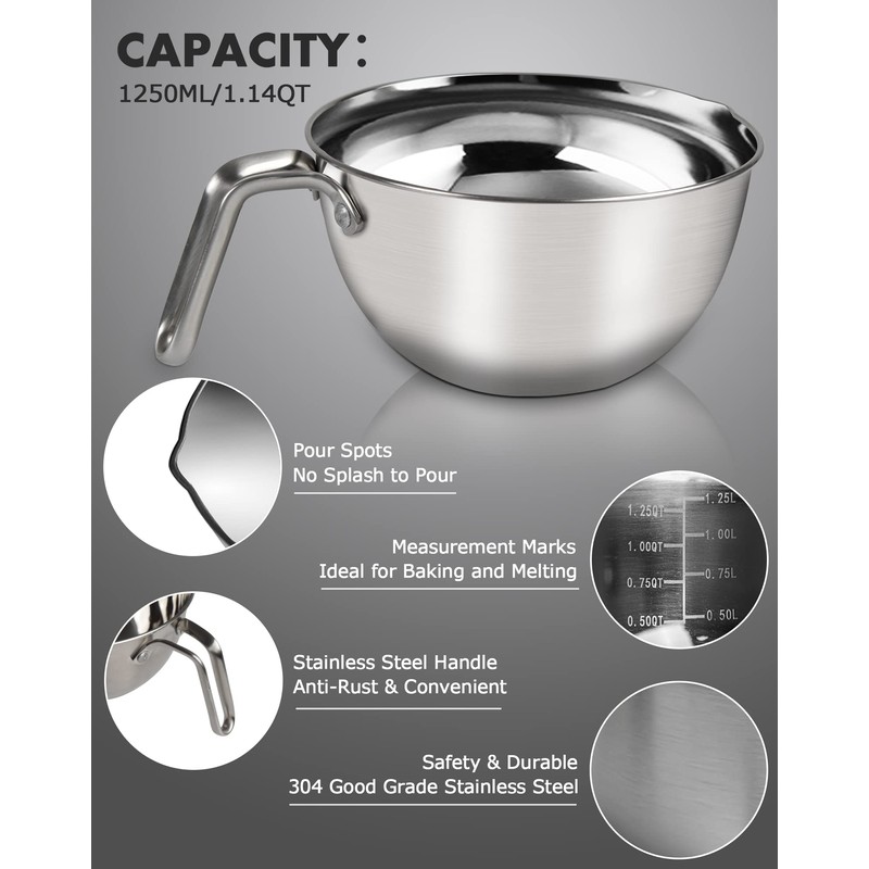 Marsheepy Double Boiler Pot Set,2000ML/1.8QT Mixing Bowl for Chocolate Melting,