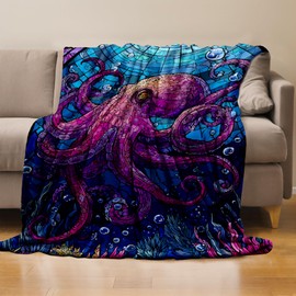 RQTWC Octopus Throw Blanket Gifts for Boys Girls Kids Adults, Stained Glass Deep Sea Octopus Theme Flannel Blankets for Travel Sofa Living Room Decor 50"X60"